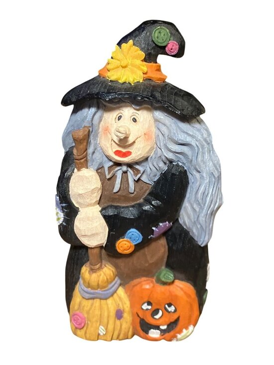 Unbranded Other - Hand Painted Halloween Witch Figurine With Broom & Pumpkin Rustic Fall Decor